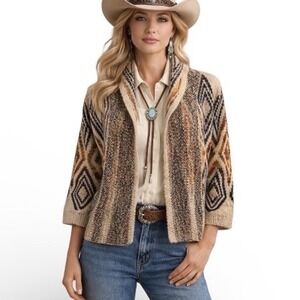 Woven Heart‎ Southwestern Geometric Shawl Collar Cardigan Sweater Tribal Size 14